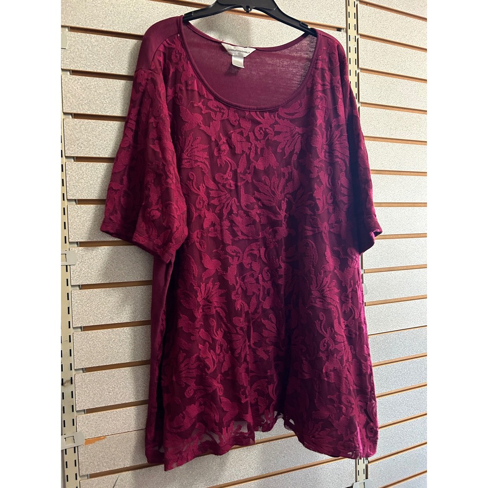 Christopher & Banks Burgundy‎ Floral Lace Overlay Scoop Neck Top Plus Size 3X